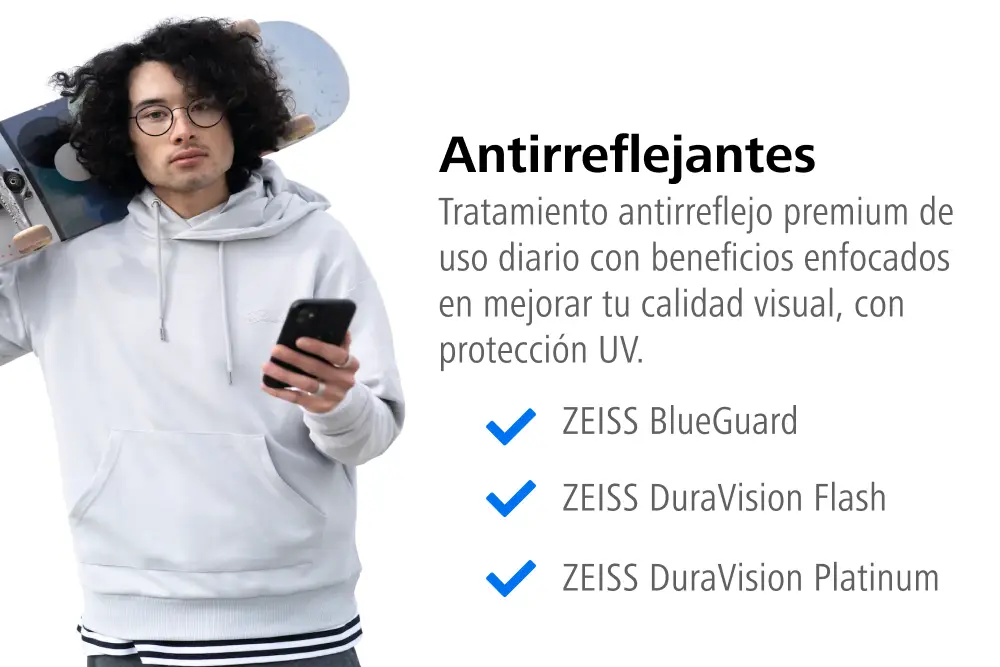 ZEISS Vision Center - Tratamiento antirreflejante premium para lentes con protección UV, incluyendo opciones ZEISS BlueGuard, DuraVision Flash y DuraVision Platinum. Mejora tu calidad visual en ópticas avanzadas de ZEISS.