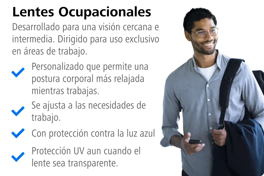 ZEISS Vision Center - Lentes ocupacionales personalizados con protección contra luz azul y UV, ideales para visión cercana e intermedia en áreas de trabajo. Mejora la postura y comodidad visual en el entorno laboral.