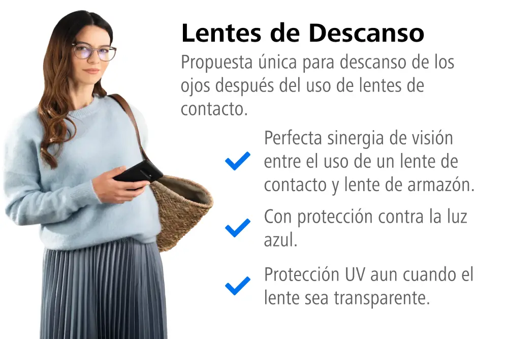 ZEISS Vision Center - Lentes de descanso con protección contra la luz azul y rayos UV, ideales para usuarios de lentes de contacto. Sinergia entre lentes de contacto y lentes de armazón para un descanso visual óptimo.